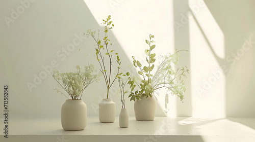 Um espaço sereno e arejado banhado pela luz natural exibe uma coleção de arranjos minimalistas de plantas e flores © Alexandre