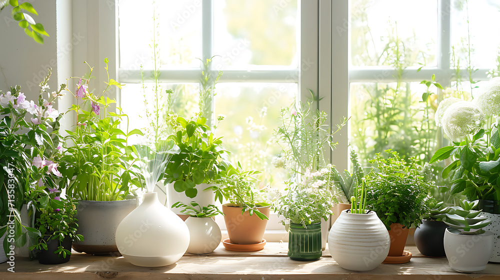 Uma cena serena e calmante com uma variedade de plantas exuberantes verdes e flores coloridas dispostas em um quarto arejado e brilhante - obrazy, fototapety, plakaty 