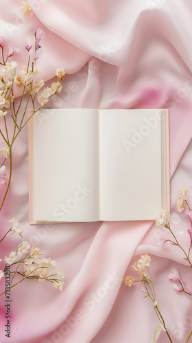 Elegant blank white open planner, pastel colour silk, pink aesthetic background for Instagram stories