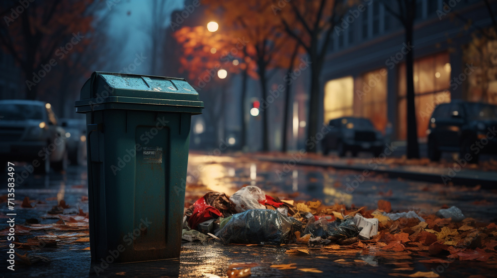 A trash can stands on a nighttime street, generative AI - obrazy, fototapety, plakaty 