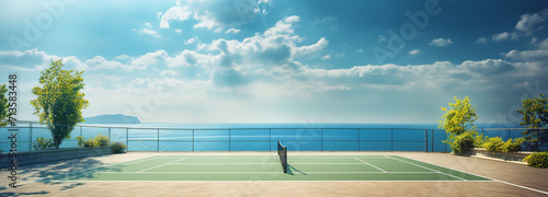 The tennis court is green against the sea, generative AI photo