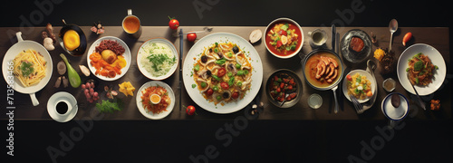 A large table with restaurant food, view from the top, generative AI photo