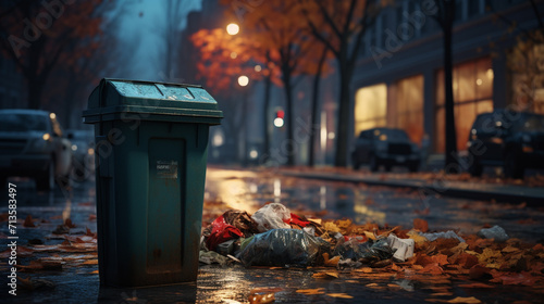 A trash can stands on a nighttime street, generative AI photo