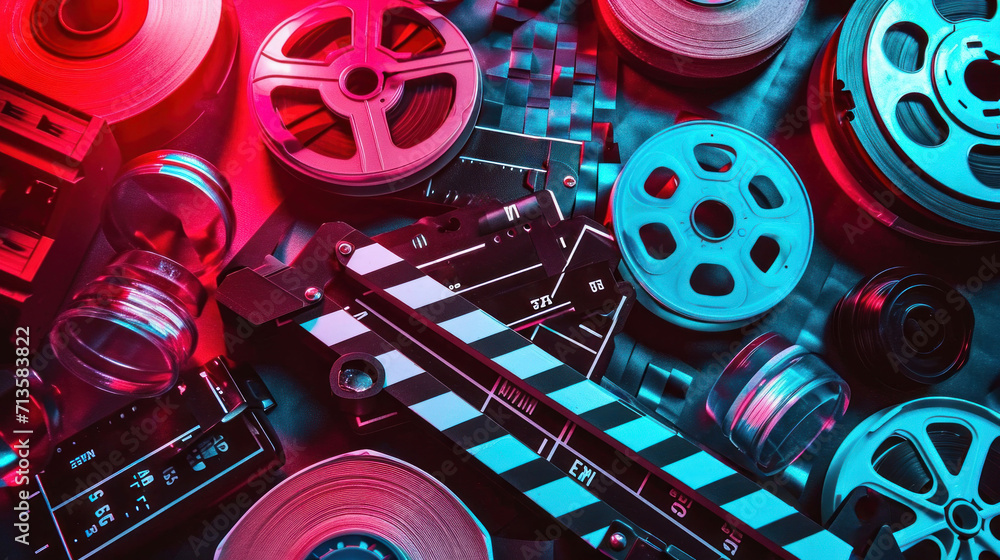 An intricate assembly of film reels and cameras on a checkerboard pattern with a neon glow, evoking the high-tech and meticulous world of modern filmmaking. - obrazy, fototapety, plakaty 