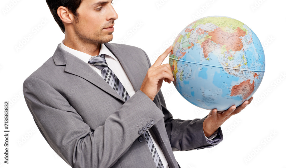 Business man, globe and destination choice isolated on a white studio background. Agent, professional suit and planet map for geography, international travel or pointing at worldwide earth on journey Business man, globe and destination choice isolated on a white studio background. Agent, professional suit and planet map for geography, international travel or pointing at worldwide earth on journey