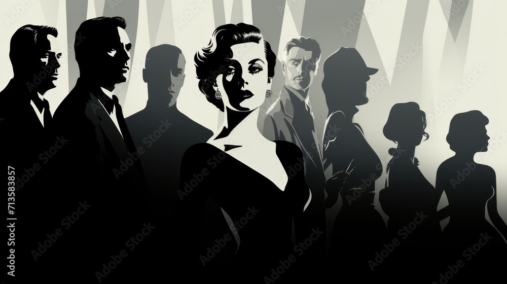 A classic black and white illustration of film festival attendees in vintage fashion, evoking the timeless elegance of the golden age of cinema.