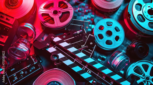 An intricate assembly of film reels and cameras on a checkerboard pattern with a neon glow, evoking the high-tech and meticulous world of modern filmmaking. photo