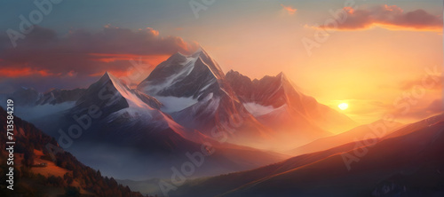 sunset in the mountains, suft light, sunset, ai generated