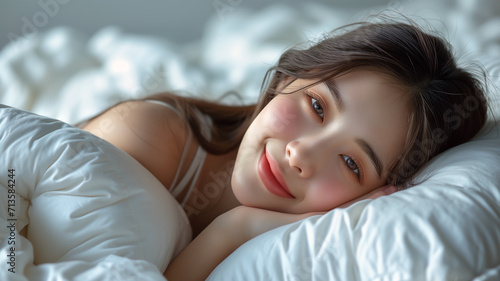 Smiling young asian woman lying in the bed before sleeping.
