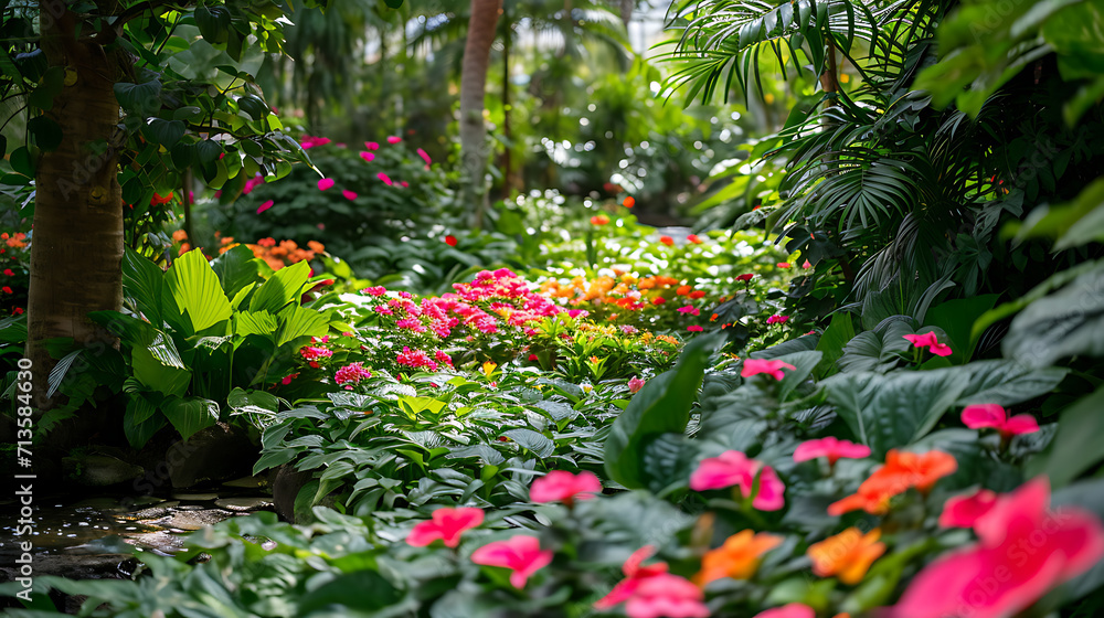 Um tranquilo jardim botânico repleto de uma profusão de flores vibrantes e vegetação exuberante
