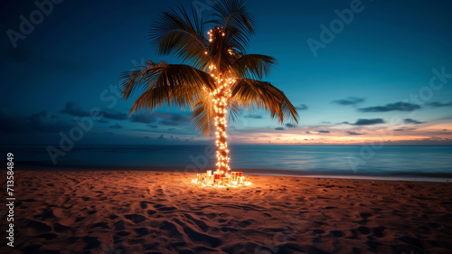 Holiday Glow, Palm Decorated with Christmas Lights on the Beach