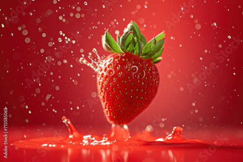 Delicious Wet Strawberry on Vibrant Red Background