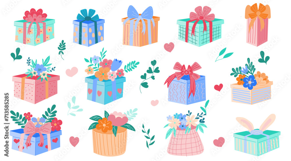 Collection of cute gifts for spring holidays Valentine's day, Easter decorated with flowers, leaves and bows, illustrations in a flat Hand -drawn cartoon style.