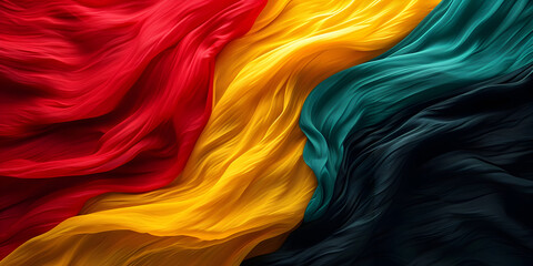 Black History Month banner, vibrant textile texture, red yellow green and black paint flag color background. Juneteenth Freedom Day Celebration, african liberation day concept.