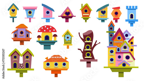 Set of different wooden handmade birdhouses