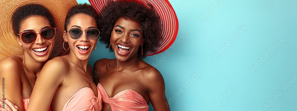 Obraz premium Sun-Kissed Elegance, A Captivating Portrait of Three Mesmerizing Women in Vibrant Bikinis and Chic Hats