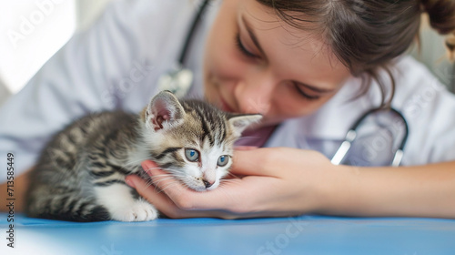 vet doctor examining a kitten with stethoscope in veterinary clinic. © Julija