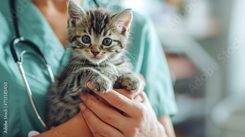 vet doctor examining a kitten with stethoscope in veterinary clinic.