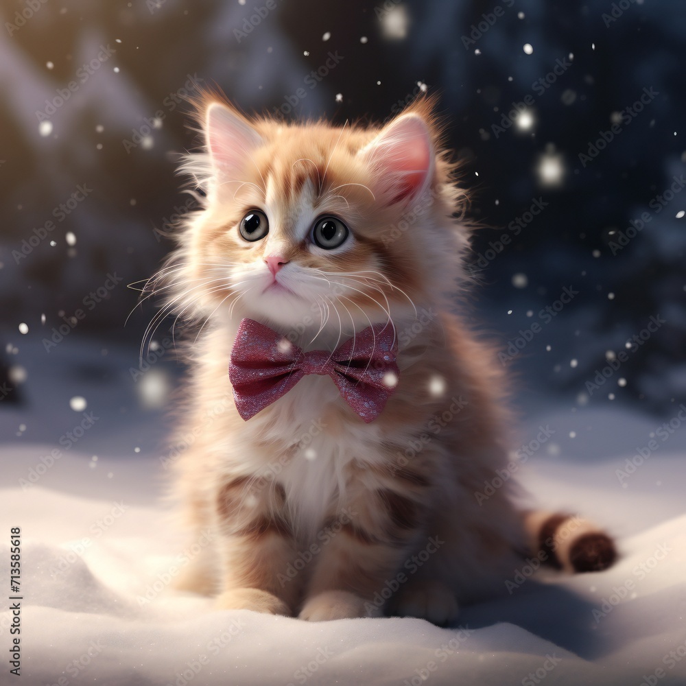 Beautiful red kitten with a red bow sitting on the snow