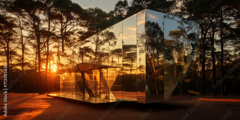 A mirror house in the jungle and sunset, Reflective space-age home office made of glass, modren and beautiful mirror house
