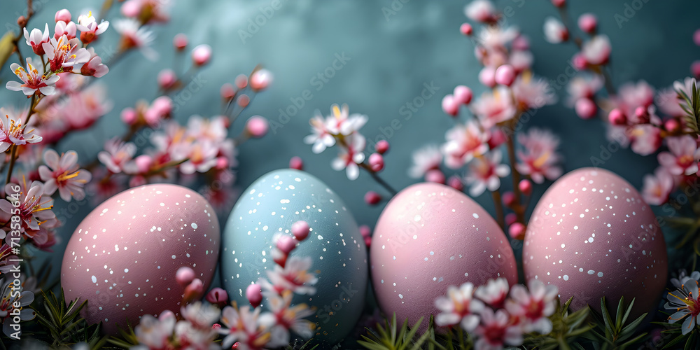 Easter flat lay banner with colorful eggs and spring sakura flowers on blue background. Easter holiday concept with traditional elegant springtime decoration and copy space.