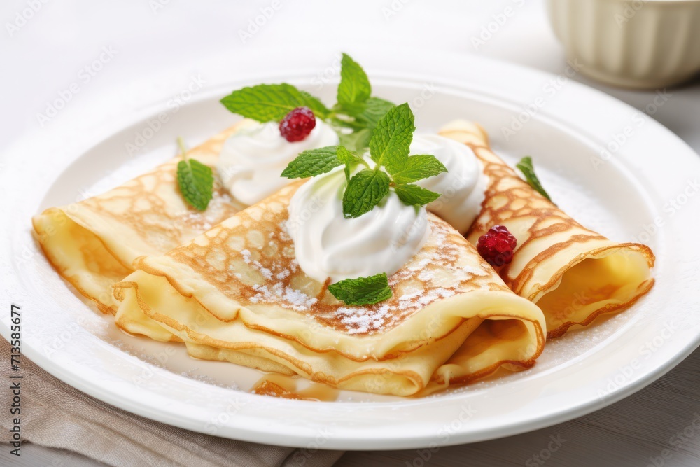 Crepes or blini on white plate with sour cream. Maslenitsa slavic celebration traditional dish. Thin pancakes.