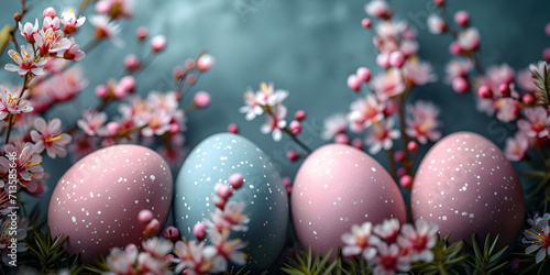 Easter flat lay banner with colorful eggs and spring sakura flowers on blue background. Easter holiday concept with traditional elegant springtime decoration and copy space.