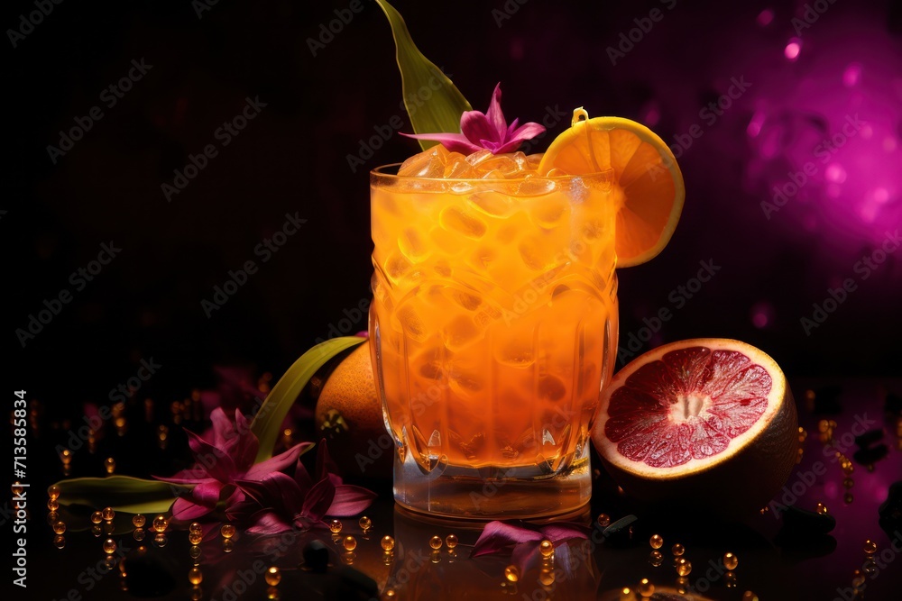 passion fruit or maracuya orange cocktail at bar counter. Tropical drink banner copy space left. passion fruit or maracuya orange cocktail at bar counter. Tropical drink banner copy space left.