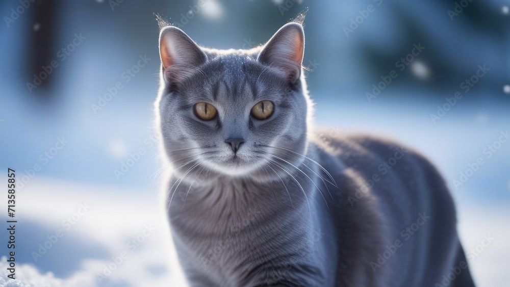 Gray fluffy cat in the snow. Snowflakes fall on the cat. Portrait of a cat