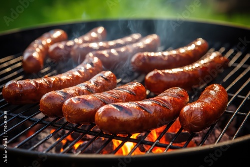 Bratwurst sausages grilling on backyard bbq grill with smoke. Summer cooking outside.