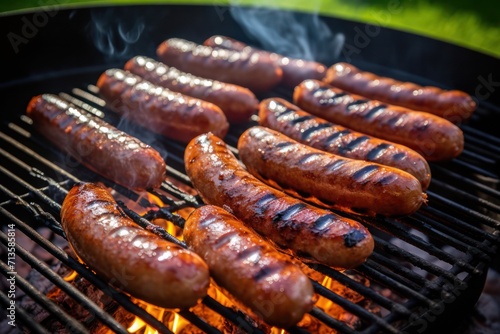Bratwurst sausages grilling on backyard bbq grill grate with smoke. Summer cooking outside.