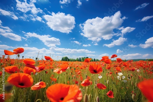 red poppy flower field on sunny day with blue sky. Spring or summer meadow landscape.