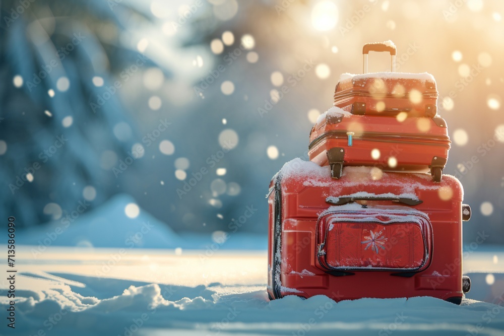 Travel concept. Suitcases, luggage, in winter lanscape. Time for vacation in the ski slopes. Blurred bokeh background with copy space. - obrazy, fototapety, plakaty 