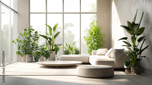Uma sala de estar serena com uma grande janela ensolarada serve de pano de fundo para uma cole    o de arranjos de plantas minimalistas