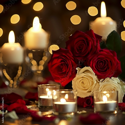 Valentine candle and rose petals