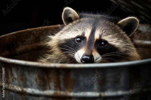 Wild raccon in old garbage bin photo