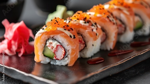 Explore the world of sushi in a captivating photo, highlighting this delicious and healthy traditional Japanese dish with an array of toppings and variations. 