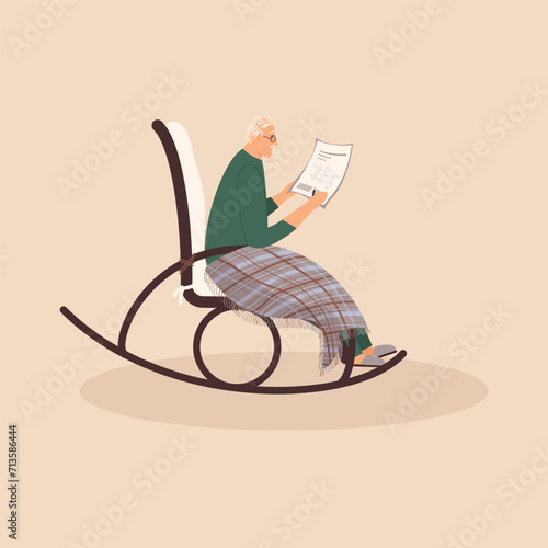 Elderly cute man is sitting in a rocking chair.Old male covered his feet with checked woollen plaid.Cartoon grandpa solve a crossword puzzle in a comfortable rocker.Vector flat illustration