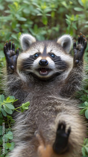 close-up portrait of a baby raccoon in adorable pose, showcasing its curious and playful demeanor 