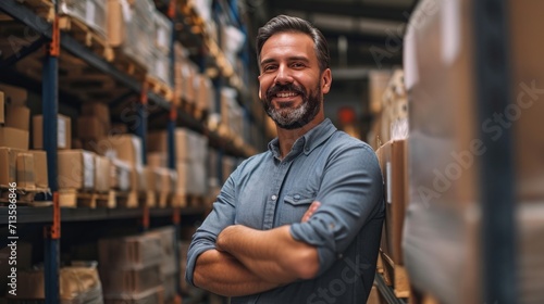Close-up American confident happy older 30s male retail seller, entrepreneur, clothing store small business owner, supervisor looking at camera standing arms crossed in delivery shipping warehouse  photo