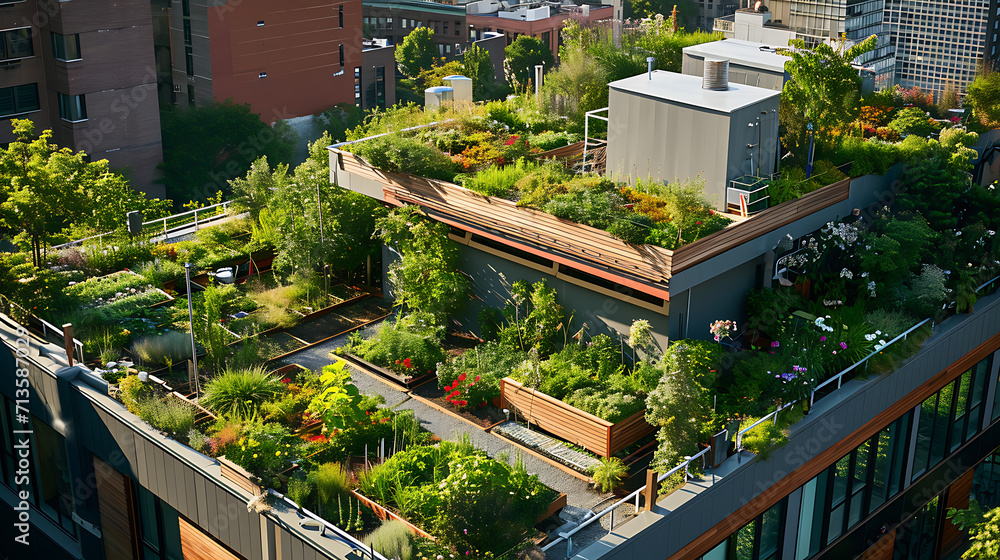 Um oásis sereno no topo proporciona um pano de fundo urbano pitoresco para uma cena de jardinagem sustentável e agricultura urbana