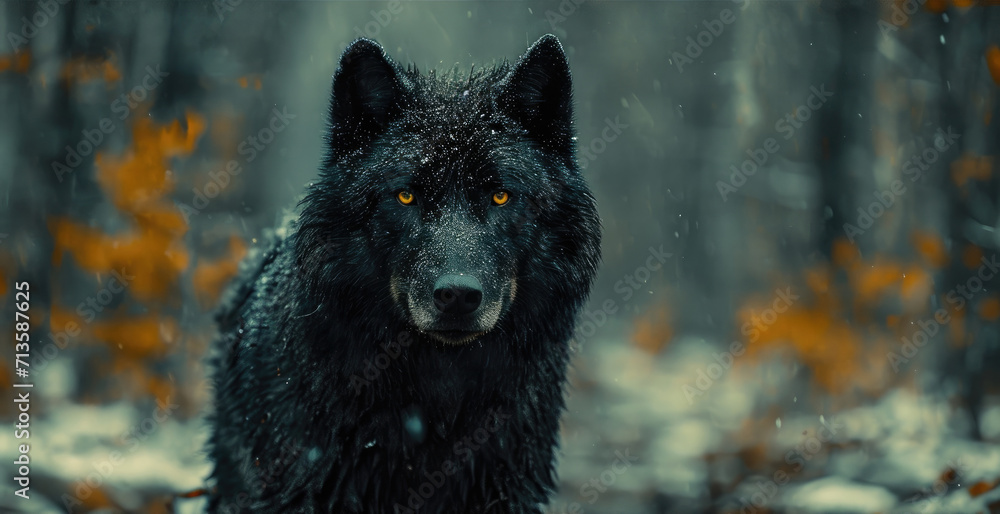 Fototapeta Black wolf with orange eyes dark fur stands in a snowy forest in Siberian snowy background