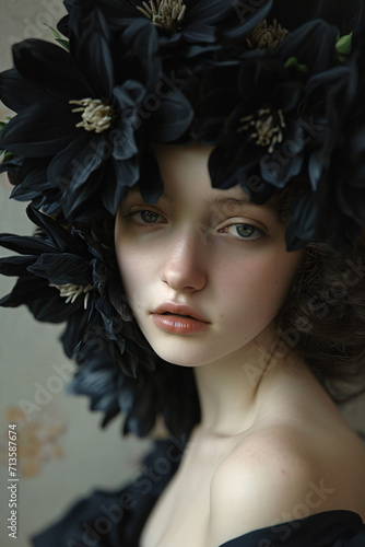young, handsome woman with a black flower in her hair enjoys a serene moment in nature 