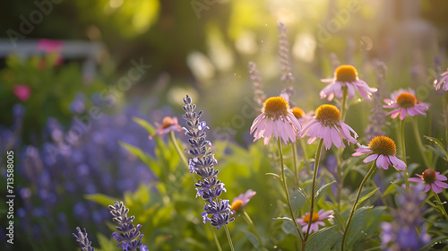 Um jardim tranquilo banhado pelo sol se estende diante de nós repleto de uma variedade de plantas e flores vibrantes e curativas photo