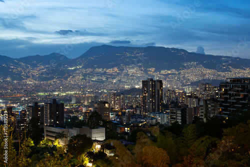 Принти на полотні wide capture of city during the night lit up like a christmas tree in medellin c