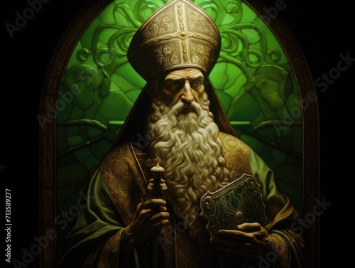 Saint Patrick against the background of a church stained glass window AI
