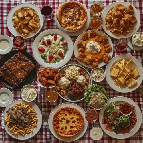 American Food on table. Multiple dishes food on table, Assorted food set on table
