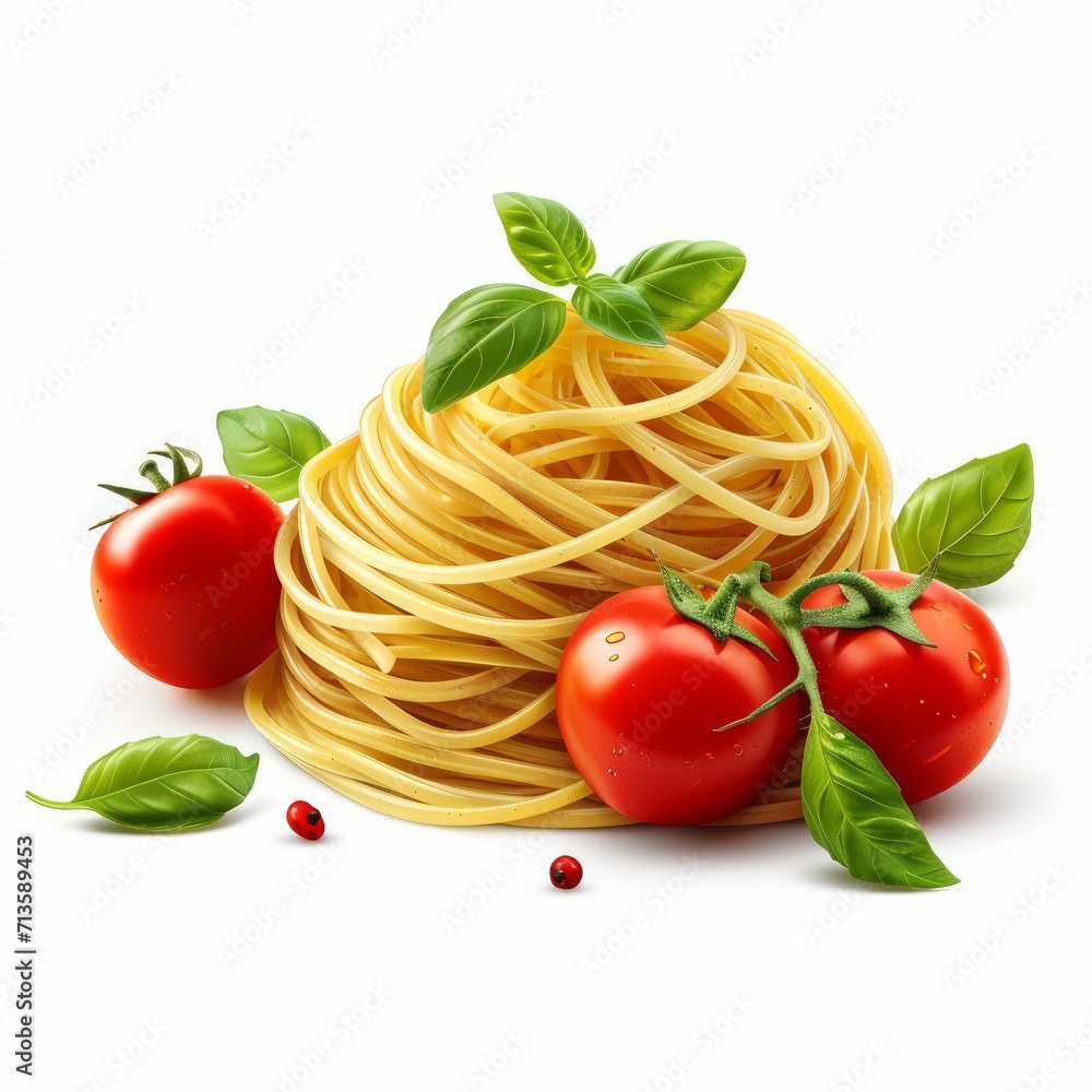 spaghetti with tomato and basil on isolated white background. spaghetti with tomato and basil on isolated white background.