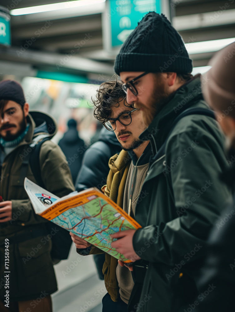 A Photo of a Group of Tourists Checking a City Map At a Metro Station