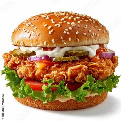 CRISPY CHEESY CHICKEN PATTY BURGER ON WHITE PNG photo